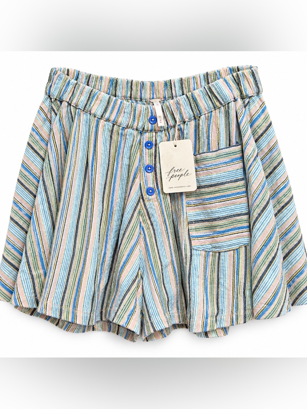 Free People Striped Button Front Shorts Blue Ivory Boho Size M NWT